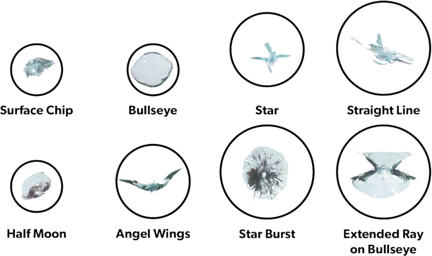 Chart of eight windshield chip types: surface chip, bullseye, star, straight line, half moon, angel wings, star burst, and extended ray on bullseye